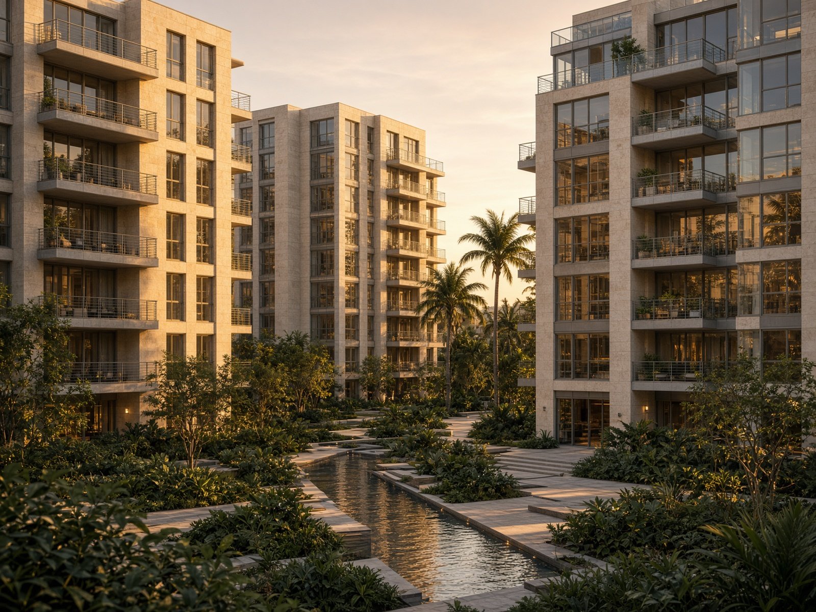 Luxury apartment towers around a landscaped courtyard at golden hour