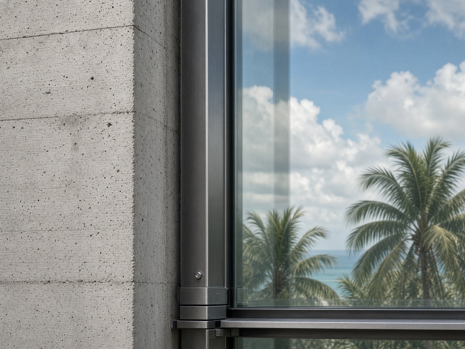 Glass curtain wall meeting board-formed concrete
