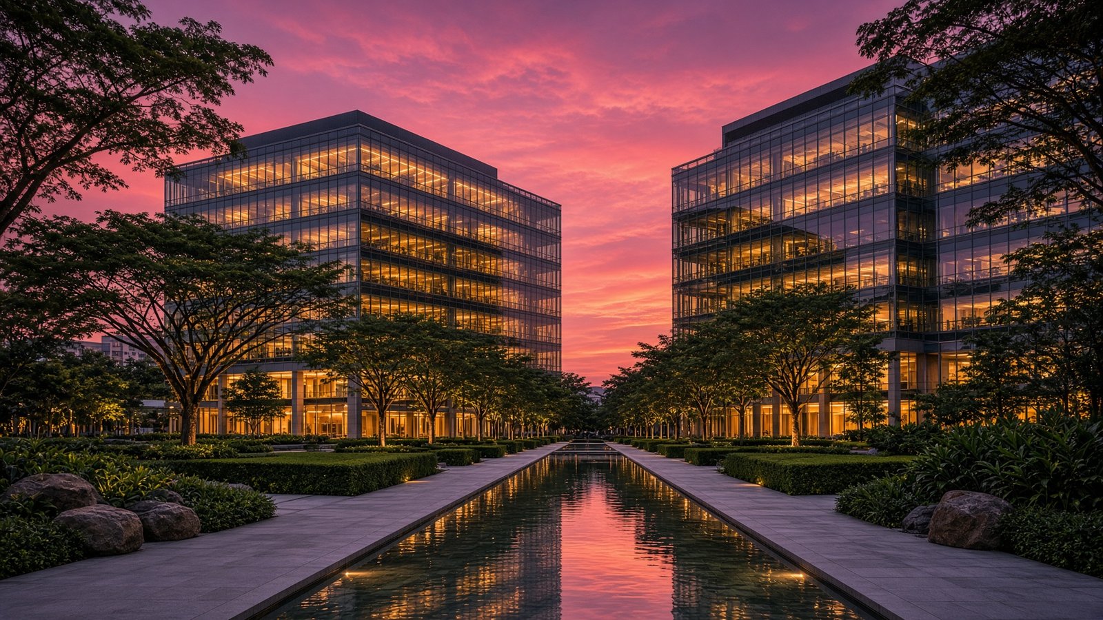 Dusk at a glass IT campus with a reflecting pool