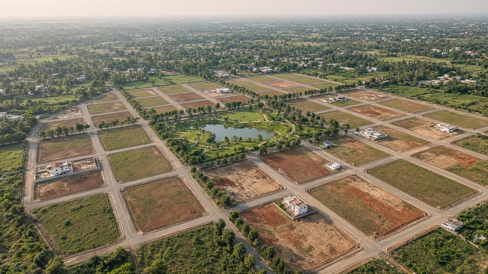 Aerial view of a master-planned plotted layout with a central lake and tree-lined roads