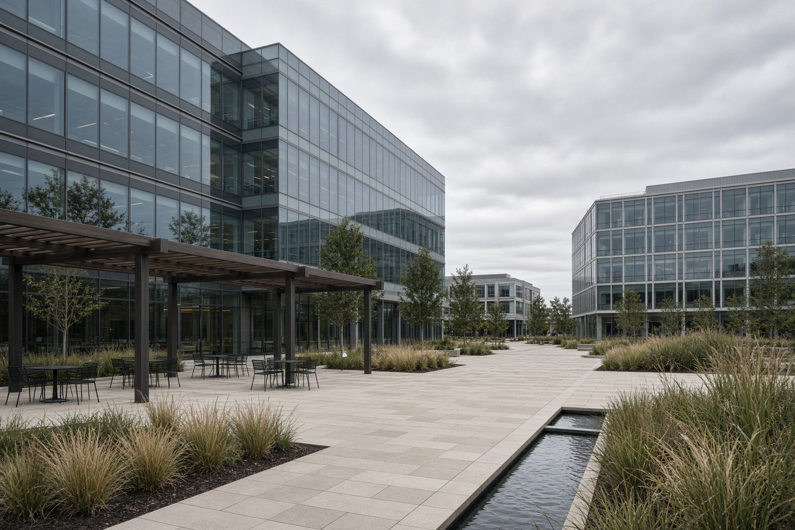 Courtyard of a completed glass technology park with limestone paving and a water rill