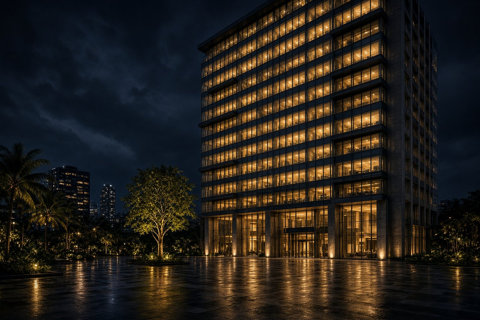 Meridian House at night, a glass commercial tower glowing over a wet stone forecourt