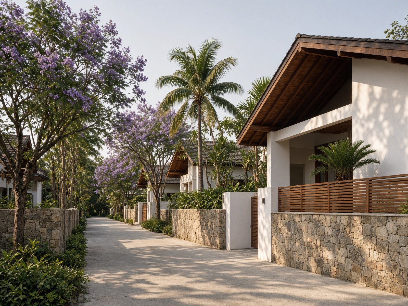 A quiet villa street with white plaster houses, teak, palms, and late-afternoon light